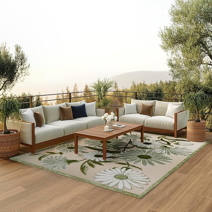 Nourison Home Aloha Ivory Green 9' x 12' Area Rug - Easy Clean, Non Shedding, Bed Room, Living Room, Dining Room, Kitchen (9' x 12')