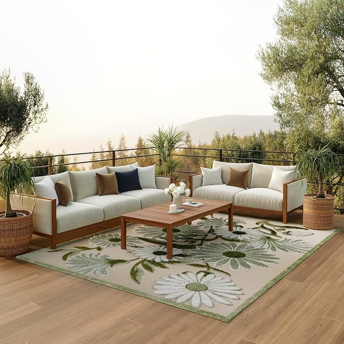 Nourison Home Aloha Ivory Green 10' x 14' Area Rug - Easy Clean, Non Shedding, Bed Room, Living Room, Dining Room, Kitchen (10' x 14')
