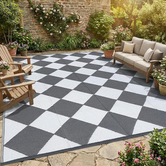 Garvee 9x12 Outdoor Rug for Patio Plastic Straw Rug Waterproof Reversible Mat Lightweight Foldable Carpet Easy Clean Large Rugs for Patio Porch Backyard Camping RV Beach Balcony Deck Checkered Grey