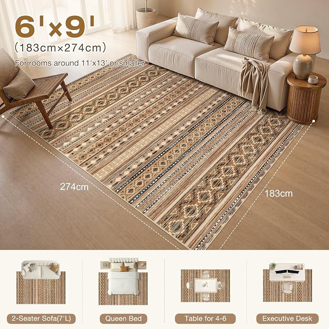 cotiled 6x9 Washable Area Rugs Living Room: Soft Lightweight Boho Rug | Stain Resistan Indoor Carpet for Bedroom Nursery Dining Room Brown Cream