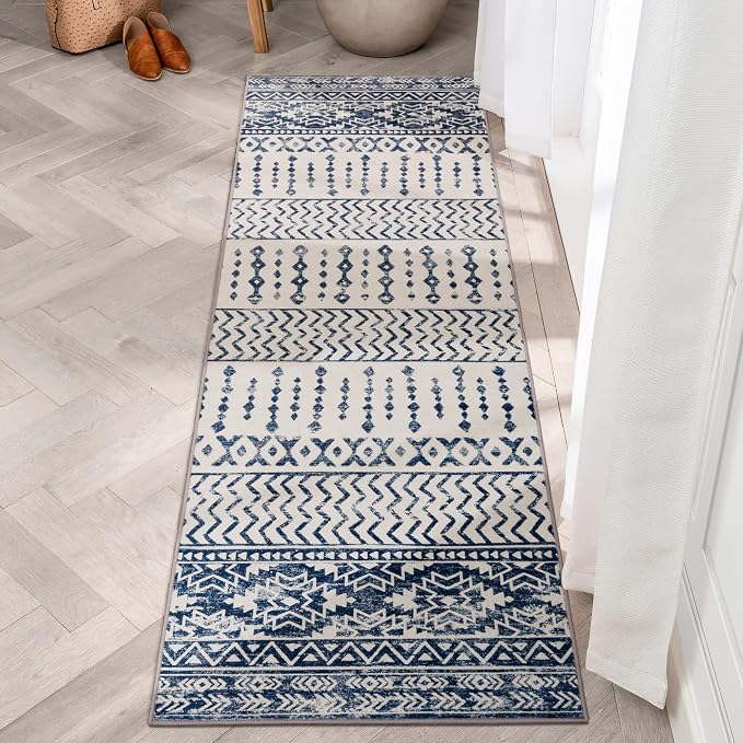 Art&Tuft 2'6"x8 Runner Rug Non Slip, Washable Rug Runners for Hallways,Blue | Low Pile, Moroccan Soft & Lighweight, Folable, Stain Resistant 2.5x8ft Carpet Runner for Entryway,Kitchen,Living Room,Bedroom