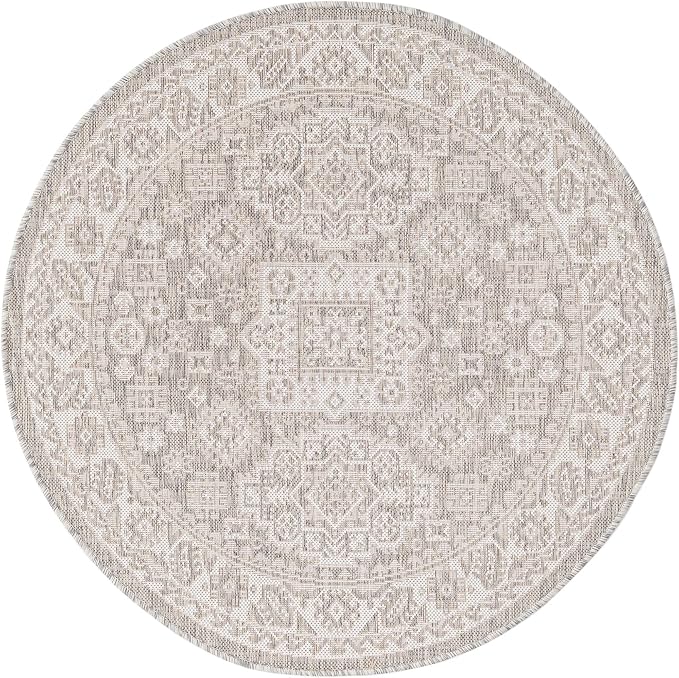 Unique Loom Outdoor Aztec Collection Area Rug - Chalca (4' 1" Round, Light Gray/ Ivory)