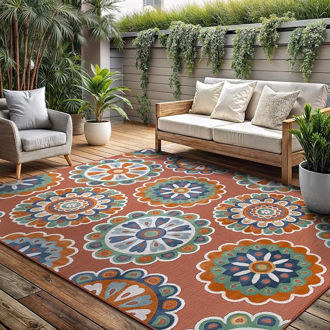 Outdoor Rug 6x9 Washable Area Rugs Indoor Outdoor Carpets Orange Bohemian Medallion Non Shedding Waterproof Easy Clean Patio Deck Porch Living Room Bedroom Garden RV (6 X 9 Orange)