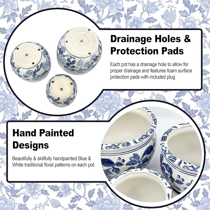 Galt International Floral Blue & White Round Porcelain Ceramic Plant Flower Planter Pot Set of 3 (8", 10", 12") Garden Pots Chinese Asian Design