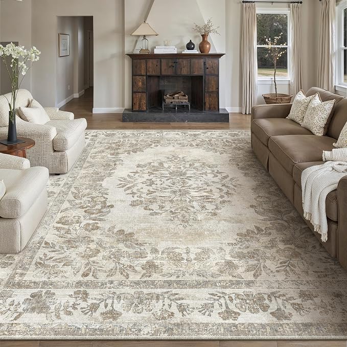 6x9 Washable Area Rug Living Room Cream Beige Vintage Large Carpet | Soft Low Pile, Non Slip, Stain Resistant, Floral Medallion, Neutral Retro Decor for Bedroom, Dining Room, Kids Room, Office