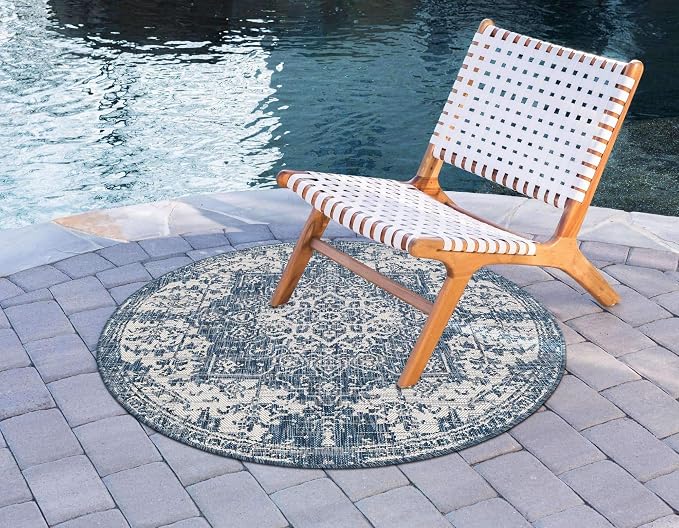 Unique Loom Outdoor Collection Area Rug - Dubai (4' 1' Round, Blue/ Ivory)