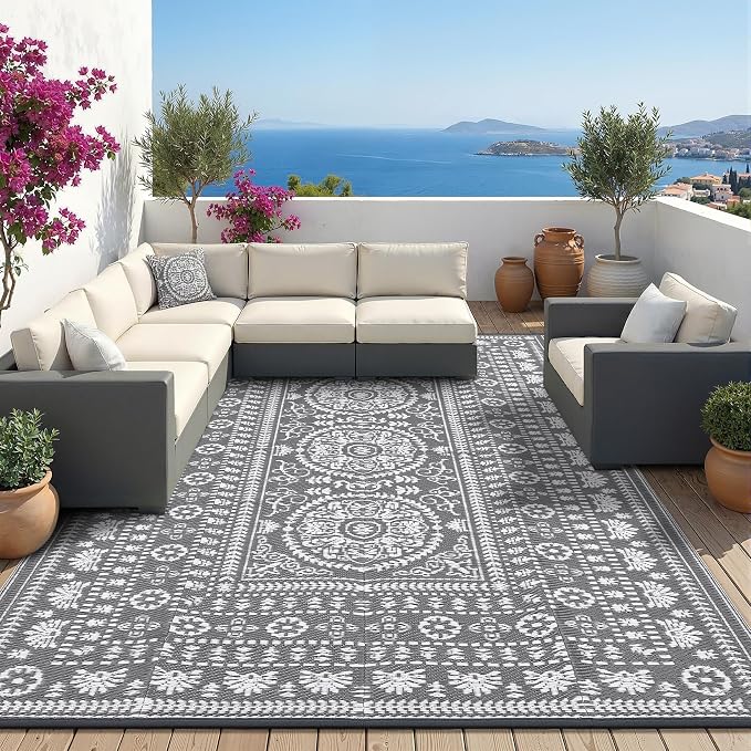 Garvee Reversible Outdoor Rug 5x8 for Patio, Waterproof Outdoor Area Rug, Boho Medallion Indoor Outdoor Carpet for Porch, Plastic Straw Rug for RV, Camping, Deck, Vintage Grey