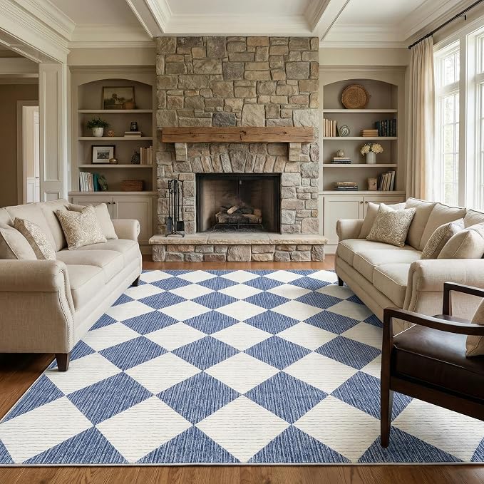 GarveeHome 6x9 Checkered Area Rug Navy Blue Washable Living Room Rug | Modern Geometric Farmhouse Carpet Soft Low Pile Non Slip Diamond Floor Mat Plaid Print Throw Rug for Dining Room Playroom