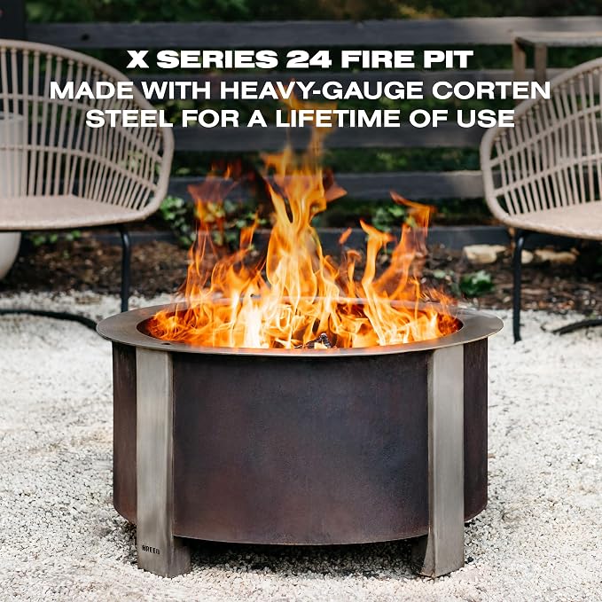 Breeo Smokeless Fire Pit Grilling Bundle (X Series 24 Corten Steel, Outpost Grill, Ash Shovel, & Lid) | 27.5 inch Smokeless Firepit for Outside | Ideal for Families
