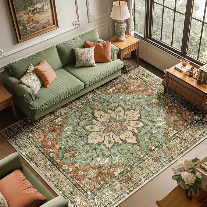 RELEANY Washable Area Rug, 6'x9', Brick/Brown/Green | Non-Slip, Water Repellent, Pet Friendly, Easy to Clean, Vintage Floral Boho Decor for Living Room Bedroom Dining Room Office