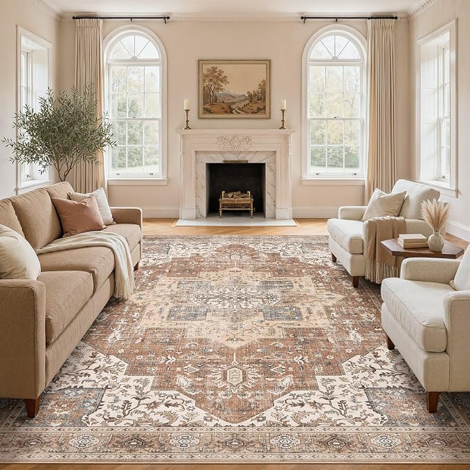 DTICON Vintage Washable 7x9 Area Rug Living Room Rugs, Brick Red | Boho Distressed, Pet & Kid Friendly, Non-Slip Backing, Soft Polyester, Low-pile Carpet for Living Room, Bedroom, Dining Room