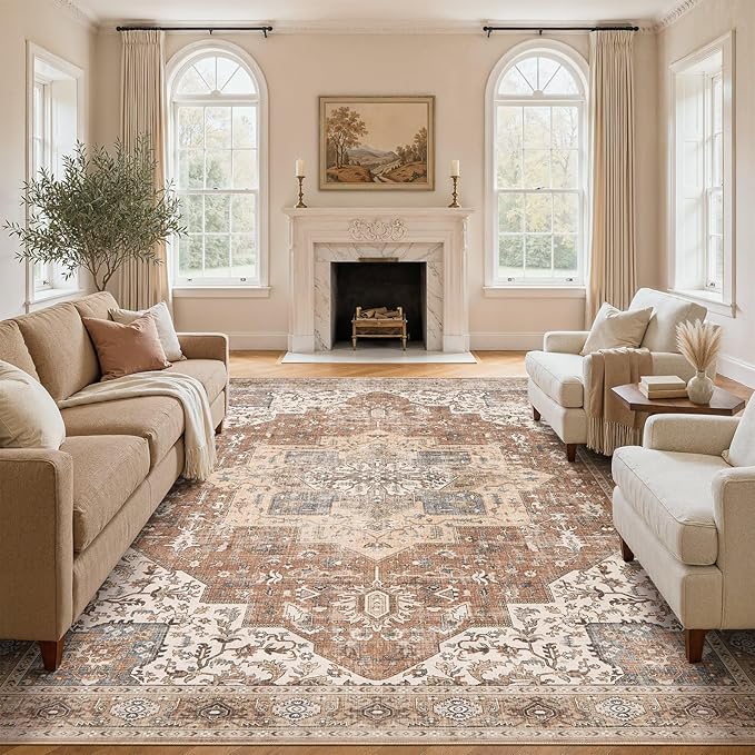 DTICON Vintage Washable 8x10 Area Rug Living Room Rugs, Brick Red | Boho Distressed, Pet & Kid Friendly, Non-Slip Backing, Soft Polyester, Low-pile Carpet for Living Room, Bedroom, Dining Room