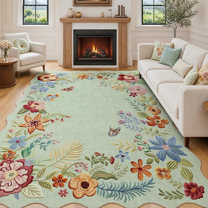 FMFUNCTEX 6x9 Washable Mint Green Floral Scalloped Area Rug for Living Room | Vintage Flower Colorful Traditional Boho Distressed Soft Non Slip Low Pile Large Pattern Indoor Carpet Dining Bedroom Nursery