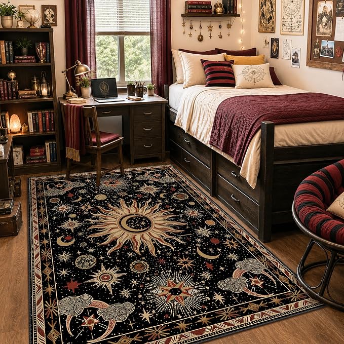 Vacuum-Friendly, 5x7 Washable Area Rug, Black Gold Beige Red | Sun and Moon Boho Gothic Non-Slip Low Pile Living Roon Bedroom Dining Room Kitchen Entry Entryway Entrance Hallway Doormat