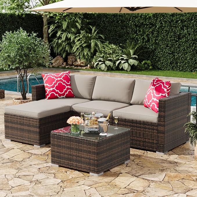 5-Piece Outdoor Sectional Sofa Set, All-Weather PE Rattan Patio Furniture with Ottoman & Tempered Glass Table, Convertible Garden Couch for Backyard, Porch, Poolside (Brown/Light Gray)