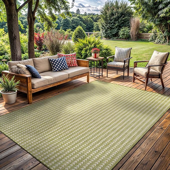 Washable Outdoor Rug 5x7 Modern Area Rugs Outdoor Carpets Striped Pattern Non Shedding Waterproof Easy Clean Patio Deck Porch Living Room Bedroom Garden RV (5 X 7 Olive)