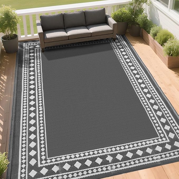 RURALITY Outdoor Rugs 8x10 Waterproof for Patios Clearance,Plastic Straw Mats for Backyard,Porch,Deck,Balcony,Grey and White