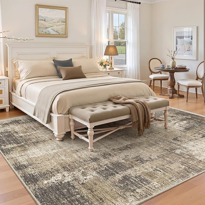 Valenrug Washable Rugs 5x7, Abstract Large Area Rugs for Living Room, Taupe | Soft & Lighweight, Folable, Stain Resistant Low Pile Thin Indoor Distressed Carpet Rugs for Bedroom,Dining Room,Kitchen