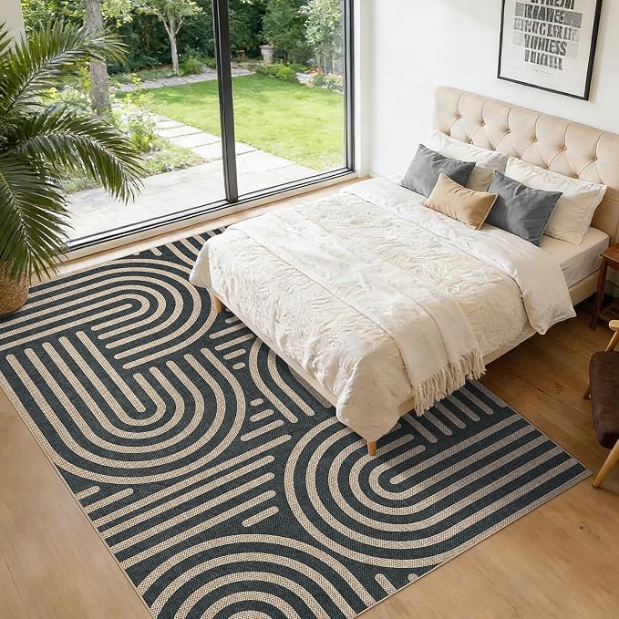 Garvee 8x10 Modern Abstract Washable Rugs for Living Room Bedroom Rug | Black Rainbow Area Rug Stain Resistant Easy Cleaning Throw Rugs Low Pile Floor Cover for Nursery Dining Room Apartment