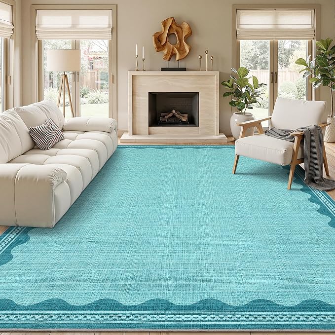 GarveeHome Scalloped Teal 2.5x8 Runner Rug for Hallway Washable Kitchen Rugs Non Slip Solid Modern Soft Low-Pile Indoor Carpet for Entryway Laundry Room Floor Mats TPE Backing