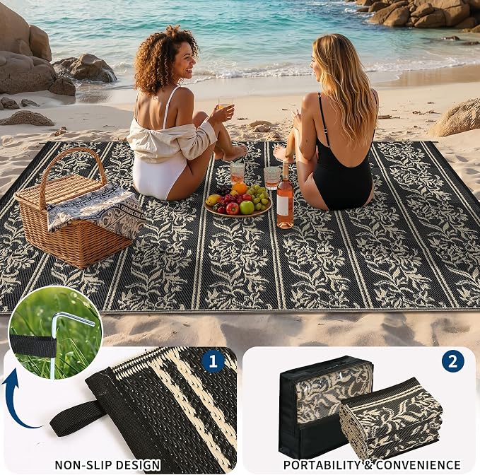 Garvee Outdoor Rugs 8x10 Waterproof Reversible Mat Boho Leaf Patio Rug with 4 Stakes and Starage Bag, Large Outdoor RV Mat Rugs for Camping, Picnic, Balcony, Deck, Backyard, Black & Brown