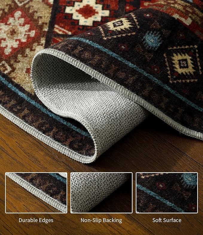 YIHOUSE Southwestern Round Rug 4ft, Low Pile Soft Circle Rug with Non-Slip Backing, Western Rustic Washable Rugs for Living Room, Bedroom