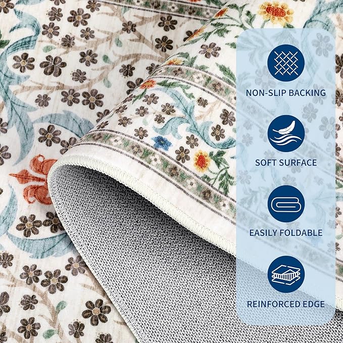 GarveeHome Beige Ivory Floral 4 ft Round Rug Washable Non-Slip Soft Low Pile Small Circle Carpet Vintage Rugs for Kitchen Bedroom Nursery Dining Living Room