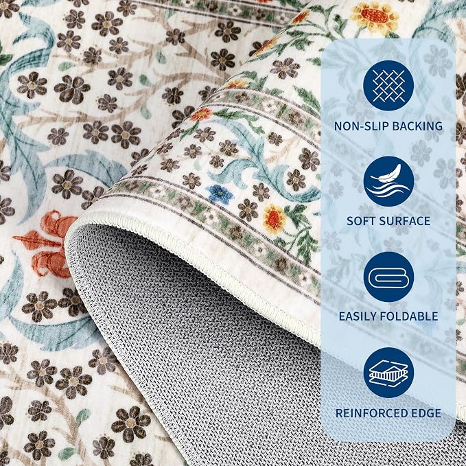 GarveeHome Beige Floral 8x10 Washable Area Rug for Living Room Bedroom | Vintage Washable Low-Pile Non-Slip Carpet Soft Stain Resistant Rugs for Large Room Botanical Boho Rug TPE Backing