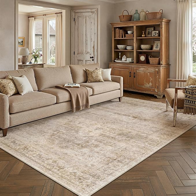 6x9 Beige Farmhouse Area Rug | Washable, Non Slip, Soft Low Pile, Neutral Vintage, for Living Room Bedroom Dining Room Office Indoor Home Decor