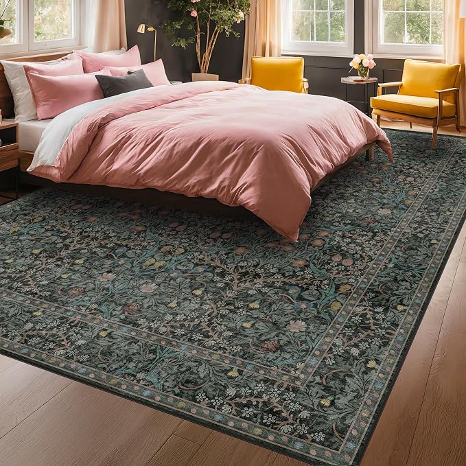 8x12 Area Rug for Living Room - Large Washable Rugs for Bedroom, Dining Room Under Table, Ultra Soft Low Pile Non-Slip Stain Resistant Carpet - Dark Green Vintage Floral Décor
