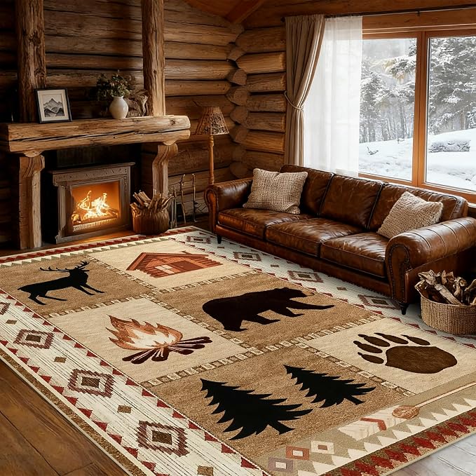 Area Rug 5x7 Rustic Cabin Bear Deer Rug Lodge Country Farmhouse Wildlife Rugs for Living Room Southwesten Machine Washable Non-Slip Printed Low-Pile Indoor Carpet for Bedroom Dining Room Office