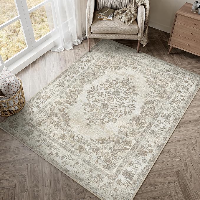 3x5 Washable Area Rug Entryway Cream Beige Vintage Small Doormat | Soft Low Pile, Non Slip, Stain Resistant, Floral Medallion, Neutral Retro Decor for Living Room, Bathroom, Bedroom, Office
