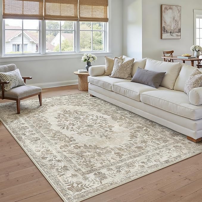 9x12 Washable Area Rug Living Room Cream Beige Vintage Carpet | Soft Low Pile, Non Slip, Stain Resistant, Floral Medallion, Neutral Retro Decor for Bedroom, Dining Room, Kids Room, Office
