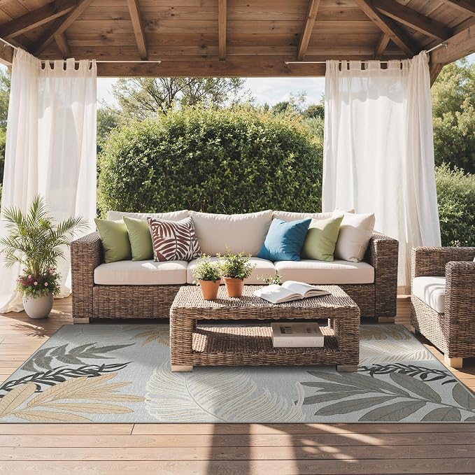 GENIMO Outdoor & Indoor Area Rug 6'x9', Waterproof, Non-Shedding, Easy Cleaning, Leaf Mat for Patio, Living Room, Balcony, Dining Room, RV, Deck, Bedroom, Camping, Outside Carpet, Sand Grey