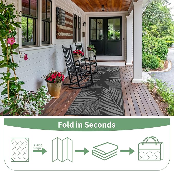 GENIMO Outdoor Rug 2.5' x 8' Waterproof for Patios Clearance, Reversible Outdoor Plastic Straw Camping Rug Carpet, Large Area Rugs Mats for RV, Camper, Deck, Balcony, Porch, Beach, Picnic, Black&Grey