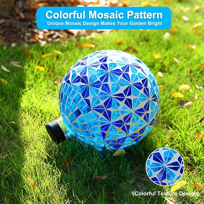 SAVENNA Mosaic Garden Gazing Ball 10 Inch, Glass Decorative Sphere for Indoor & Outdoor Garden, Patio, Home & Yard, Blue Geometric Star Pattern