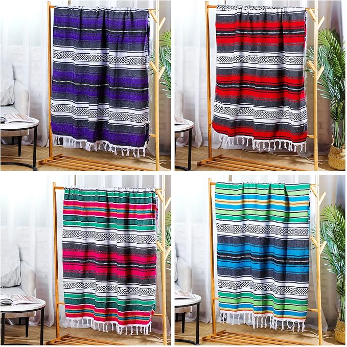 Oudain 4 Pcs Mexican Blankets Bulk Handwoven Mexican Yoga Blanket Towel Colorful Falsa Serape Woven Throw Blanket Boho Beach Blankets for Outdoor Camping Beach Picnic Travel Home(Red)