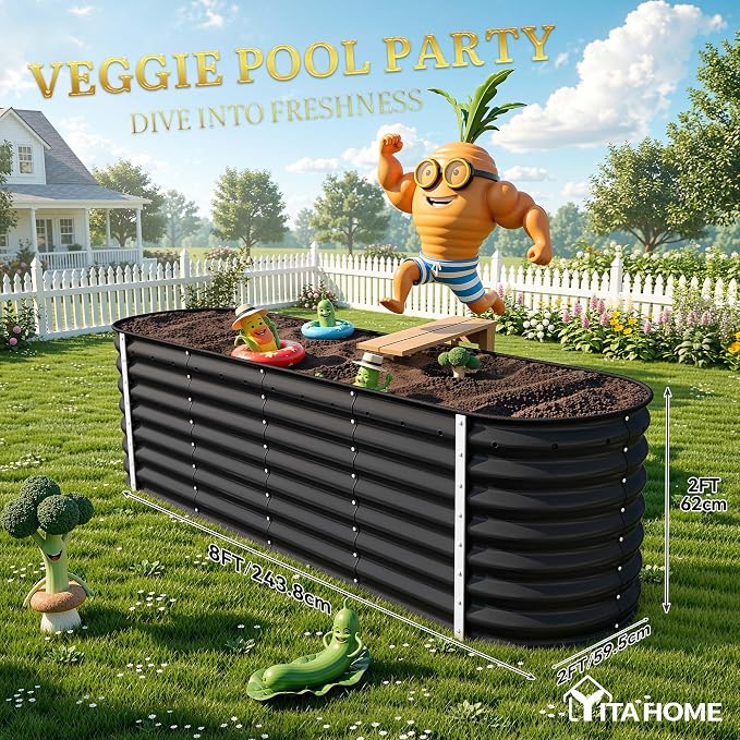 YITAHOME 2pcs 8x2x2ft Large Raised Garden Bed Kit, 24" Tall 9 in 1 Galvanized Metal Planter Box with Gloves and Safety Rubber, Outdoor Above Ground Planters for Plants Vegetables Flowers, Black