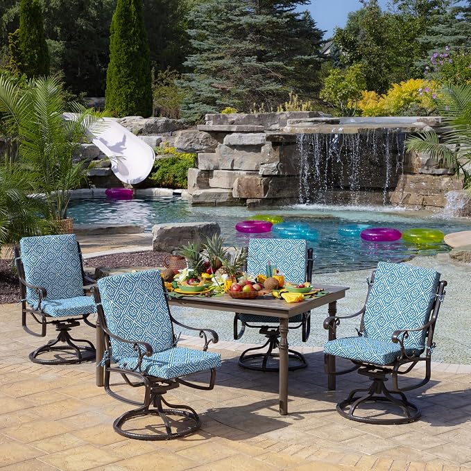 Arden 2-Pack Outdoor Patio Dining Chair Cushion, 20 x 44, Rain-Proof Seat Pad, Fade-Resistant Outdoor Cushion Amalfi Blue Tile