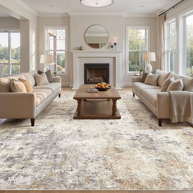 UERMEI 12x14 Area Rug Living Room Rugs - Washable Neutral Modern Abstract Soft Thin Large Rug Indoor Floor No Slip Rug Carpet for Bedroom Under Dining Table Home Office Decor - Golden Grey