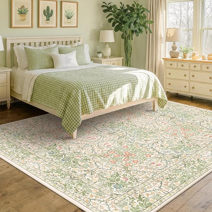 Cream Green Washable 8x10 Area Rugs for Living Room, Bedroom, Dining Room Under Table, Playroom, Stain Resistant Non-Slip Light Green Carpet with Pale Yellow and Pink Blossoms and Blue Flowers