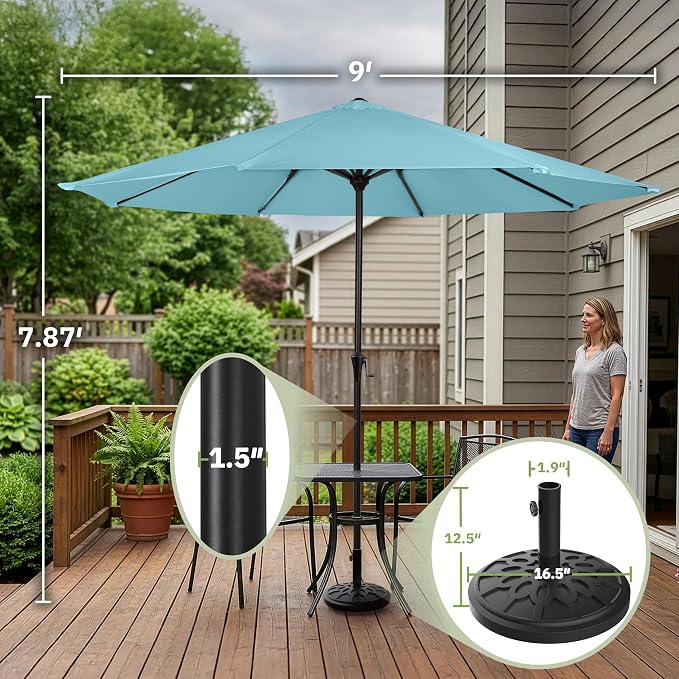 Pure Garden 9FT Round Patio Umbrella with 19lb Weighted Base - Easy Crank, Vented Canopy Outdoor Umbrella for Shade - For Deck, Balcony, Porch, Backyard, or Pool (Lake Blue)
