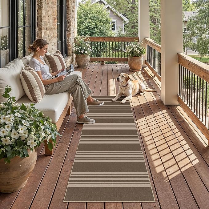 PureCozy Striped Easy Jute 2x6 Kitchen Runner Rug Brown Washable Carpet for Hallway Non Slip Farmhouse Neutral Non Shedding Indoor Outdoor Long Rug Bathroom Bedroom Laundry Entryway