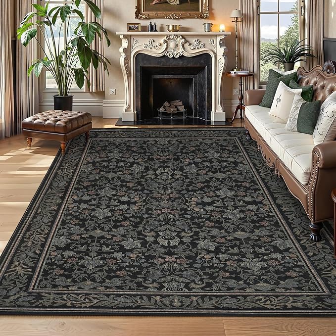 GarveeHome 9x12 Area Rugs for Living Room: Washable Bedroom Rug Black | Boho Vintage Non Slip Soft Low Pile Stain Resistant Indoor Carpet for Farmhouse Dining Room Nursery Home Office