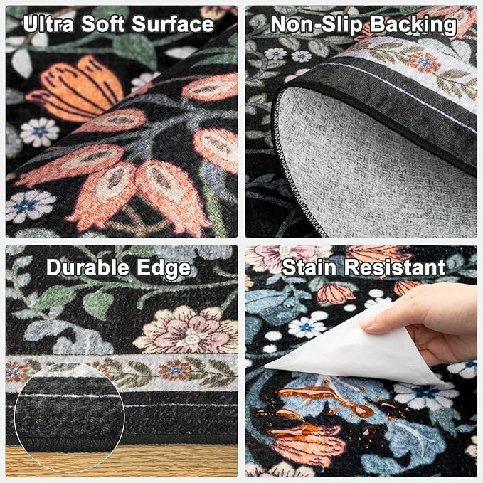 PLHXFR Area Rug Living Room: 3x5 Floral Washable Boho Carpet Dark Black | For Bedroom Dining Room Farmhouse Nursery Hallway,Vintage Floral,Machine washable,Non Slip,Stain Resistant,Large Indoor