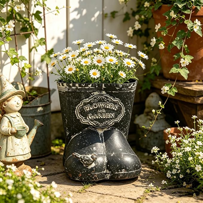 Vintage Distressed Boot Planter, Rustic Flowers & Garden Metal Rain Boot Plant Pot, Farmhouse Succulent Herb Planter for Indoor Outdoor Home Garden Patio Decor (Black - Small)