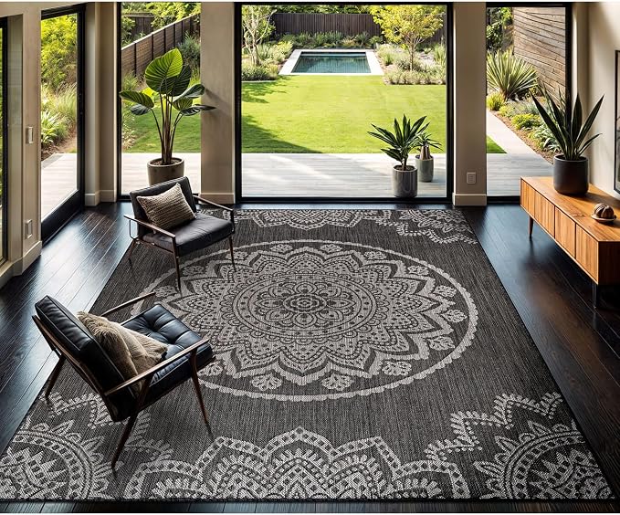 CAMILSON Outdoor Rug 9x12 Modern Area Rugs for Large Indoor and Outdoor Patios and Porches - Washable, Non-Shedding, Easy-to-Clean Outside Carpet (9 x 12, Medallion - Dark Grey/Light Grey)