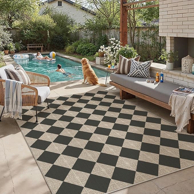 PureCozy 6x9 Checkered Chevron Pattern Area Rug for Living Room Checkerboard Washable Indoor Outdoor Carpet Farmhouse Patio Office Mat Textured Diamond Non Slip Black Carpet for Backyard Dining Room
