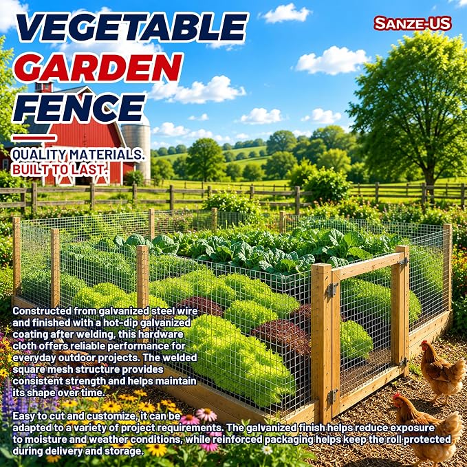Sanzeus Hardware Cloth, 1/2 Inch 24in x 50ft 19 Gauge, Double-Layer Hot-Dip Galvanizing After Welding, Chicken Wire Fence Wire Mesh Poultry Netting Garden Fence Tree Guard Rolls