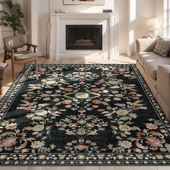 6x9 Area Rugs Washable Floral Rug Non Slip Ultra-Thin Large | Machine Washable Throw Carpet for Living Room Bedroom Dining Room Floor Indoor Low Pile Boho Vintage Black